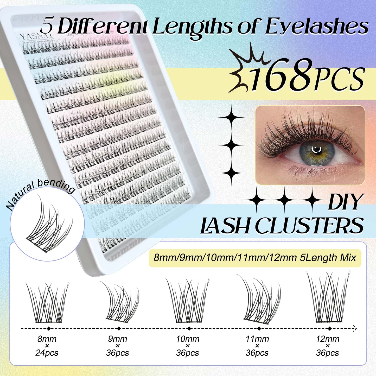 Lash Clusters Yasnai Wispy Individual C Curl Lash Extensions Natural Cluster Lashes 8-12MM 168pcs DIY Eyelash Extension Eyelash Clusters DIY at Home