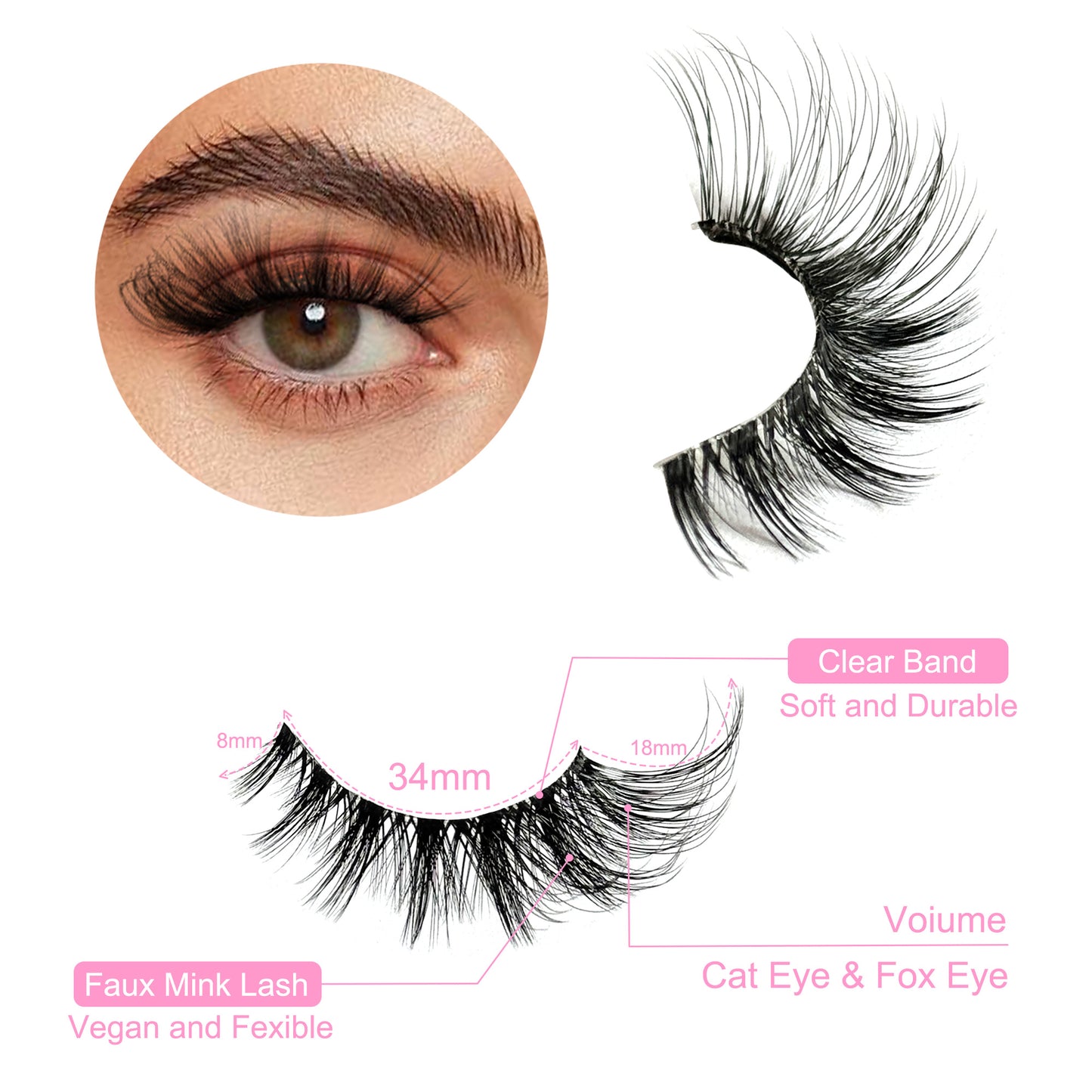 Yasnai Cat Eye Lashes False Eyelashes Volume Lashes Wispy Fake Lashes Natural Eyelashes Clear Band 14 Pairs Pack 9D